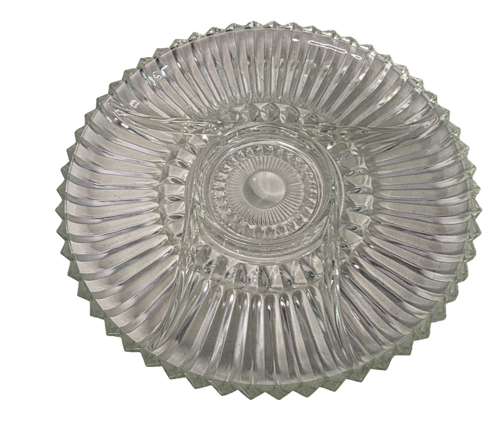 Vintage Divided Glass Relish Tray Round Chip & Dip Serving Platter 4 Section